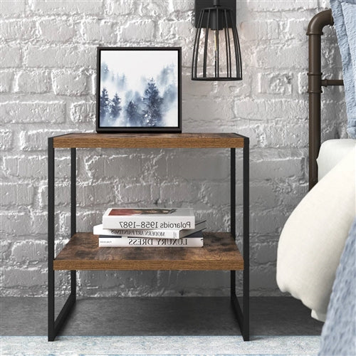 Industrial Modern Black Metal Brown Wood Top Nightstand End Table with Shelf