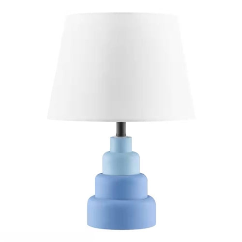 Small Blue Desk Light Table Lamp with White Fabric Shade for Bedside Nightstand