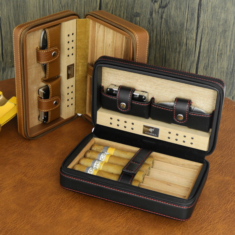 Portable Cigar Box, Cedar Wood Cigar Moisturizing Box, Travel Leather Case, Portable Leather Cigar Humidifying Cigarette Box
