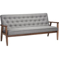 Modern Grey Button-Tufted Upholstered Sofa with Dark Walnut Wood Finish Frame