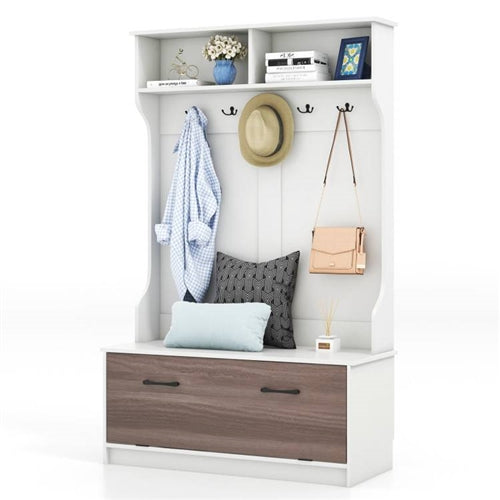 Entryway Bench Coat Rack Shoe Storage Cabinet in White Oak Wood Finish