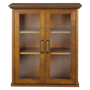 Oak Finish Bathroom Wall Cabinet with Glass 2-Doors & Shelves