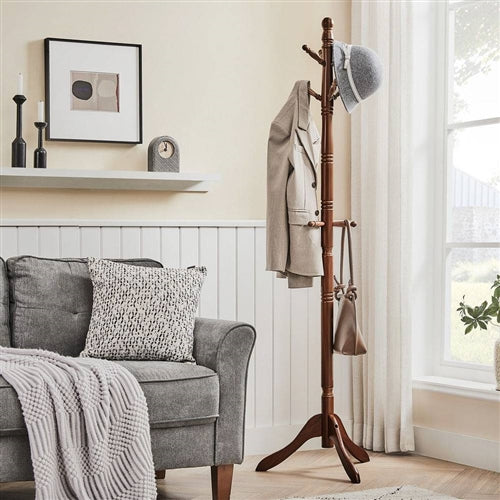 Adjustable Height Solid Wood Coat Rack with 10 Hooks in Dark Brown Finish