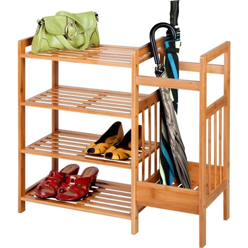 2-Shelf Entryway Shoe Rack Bench with Bla2-in-1 Entryway 4-Shelf Bamboo Shoe Rack and Umbrella Holderck Metal Frame and Brown Wood Top