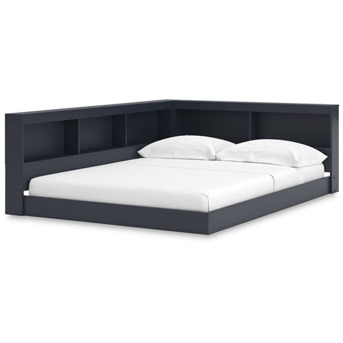 Full size Blue Wooden Corner Storage Bed with Bookcase Headboard and USB Ports