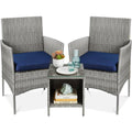 3-Piece Grey PE Wicker Outdoor Patio Furniture Dining Set w/ Navy Blue Cushions
