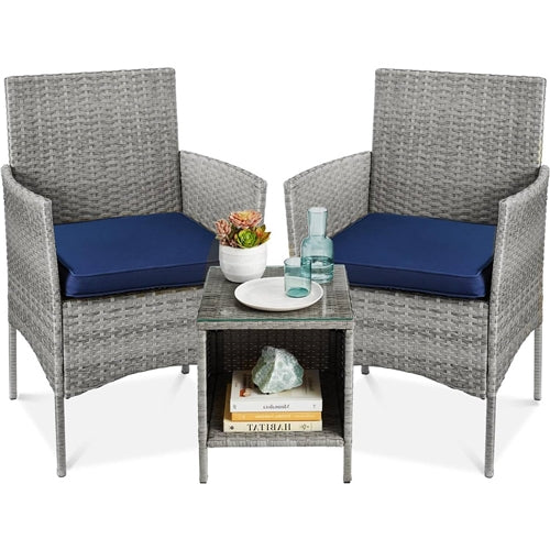 3-Piece Grey PE Wicker Outdoor Patio Furniture Dining Set w/ Navy Blue Cushions
