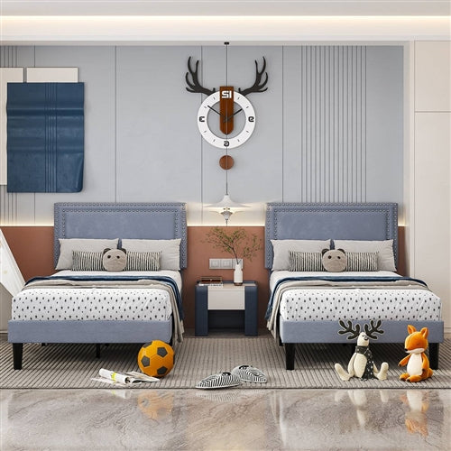 Set of 2 - Twin size Grey Upholstered Platform Bed Frame with Headboard