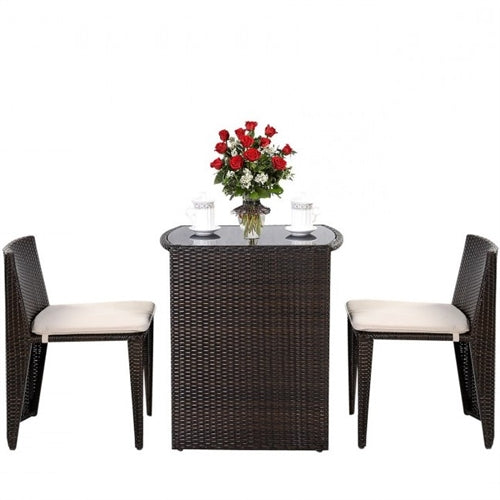 3 Piece Compact Espresso/White Wicker Patio Cushioned Outdoor Chair Table Set