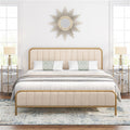 King size Gold Metal Platform Bed Frame with Off-White Upholstered Headboard