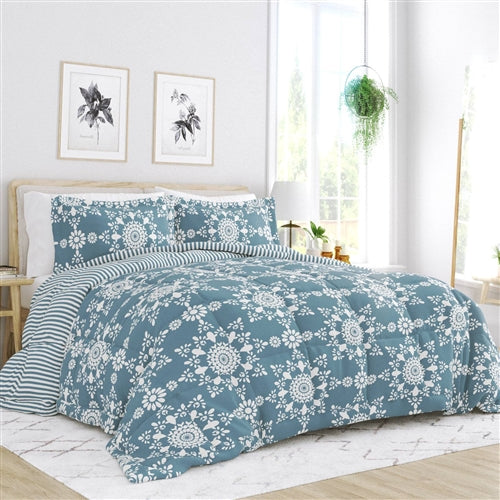King size 3-Piece Blue and White Reversible Floral Striped Comforter Set