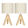 Set of 2 - Solid Wood Tripod Table Lamp with Beige Linen Drum Shade