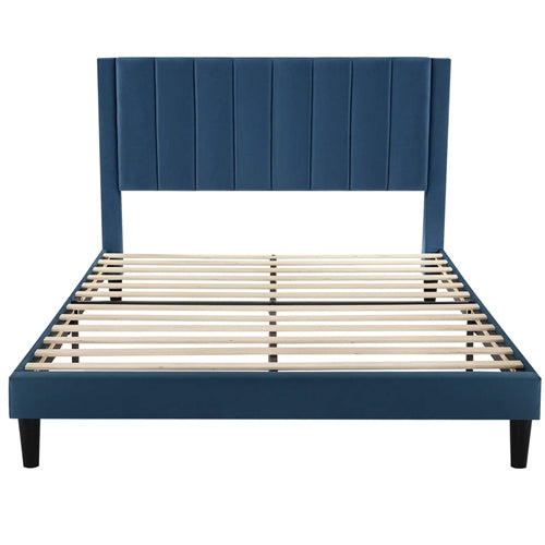 Queen size Modern Navy Blue Velvet Upholstered Platform Bed with Headboard