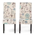 Set of 2 Beige Cream Teal Blue Floral Fabric Dining Chair with Wood Legs