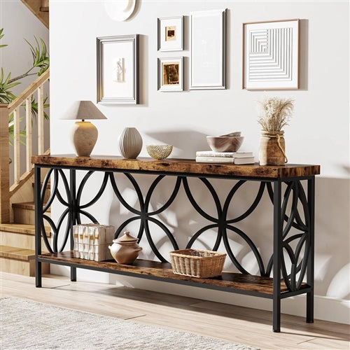 Modern 70-inch Long Narrow Console Sofa Table with Brown Wood Top and Shelf