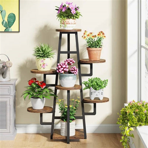 Modern Indoor Multi-Tier Plant Stand with Black Metal Frame and Wood Shelves