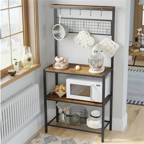Black Metal Kitchen Baker's Rack Microwave Stand with Wood Storage Shelves