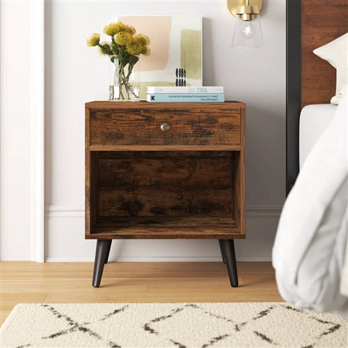 Mid-Century Farmhouse Bedroom 1-Drawer Nightstand End Table with Open Shelf