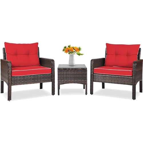 3-Piece Brown PE Rattan Outdoor Dining Patio Furniture Set with Red Cushions
