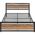 Full Metal Platform Bed Frame with Brown Wood Panel Headboard and Footboard
