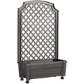 Outdoor Self-Watering Garden Planter with Trellis and Wheels in Grey Plastic
