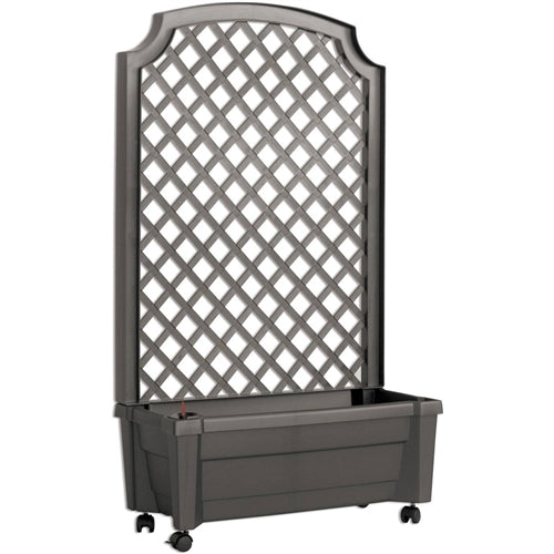 Outdoor Self-Watering Garden Planter with Trellis and Wheels in Grey Plastic