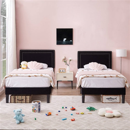 Set of 2 - Twin Dorm Style Black Tufted Upholstered Platform Bed with Headboard