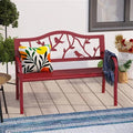 Red Steel Frame Outdoor Patio Garden Bench with Bird Branch Pattern Backrest