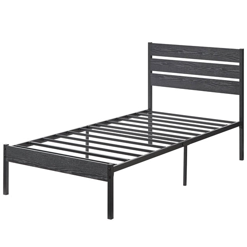 Twin size Industrial Platform Bed Frame with Wood Slatted Headboard in Black
