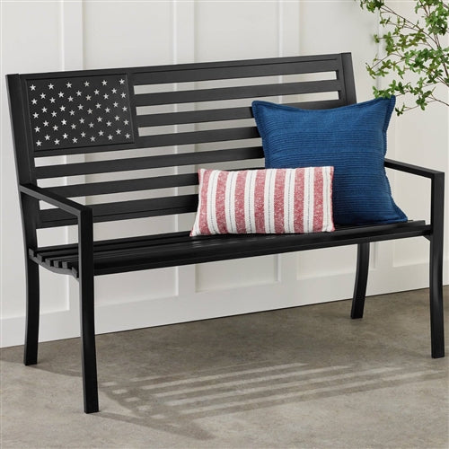 2 Person Patriotic USA Black Metal Bench with American Flag Backrest