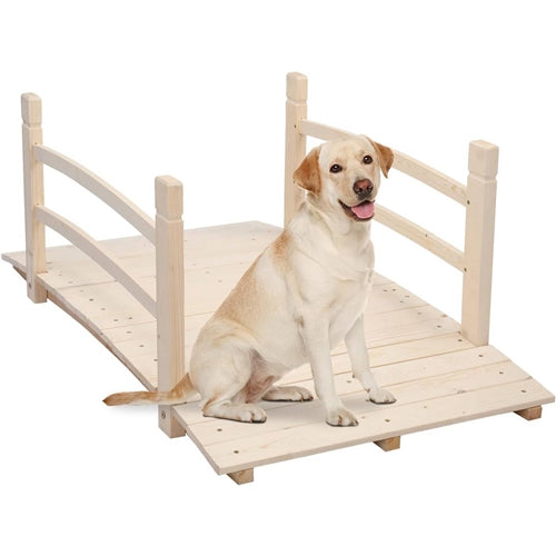 Outdoor 4-ft Wooden Garden Bridge with Rails in Natural Wood Finish