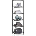 Narrow Glass Shelves Bookcase 5-Shelf Shelving Unit with Black Grey Metal Frame