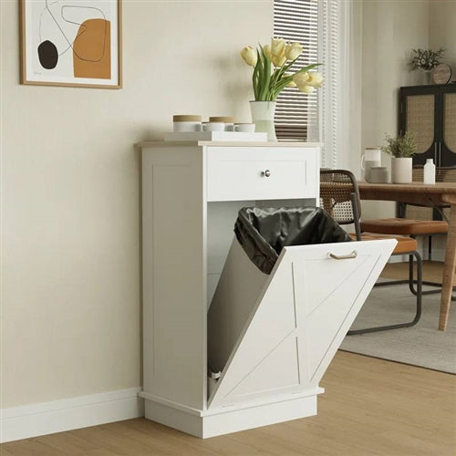 Trash Can Cabinet in White Wood Finish - Accommodates 10-Gallon Trash Bin
