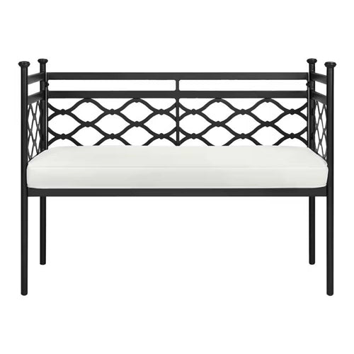 Outdoor Patio Black Metal Garden Bench with White Natural Seat Cushion