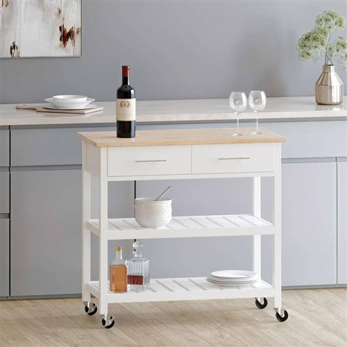 Modern White Kitchen Island Cart with Wood Top 2 Drawers and 2 Bottom Shelves