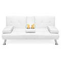 White Faux Leather Convertible Sofa Futon with 2 Cup Holders