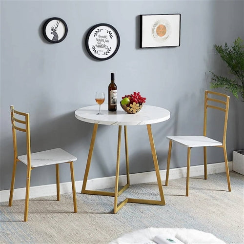 3-Piece Kitchen Dining Set with Round White Faux Marble-Top Table and 2 Chairs