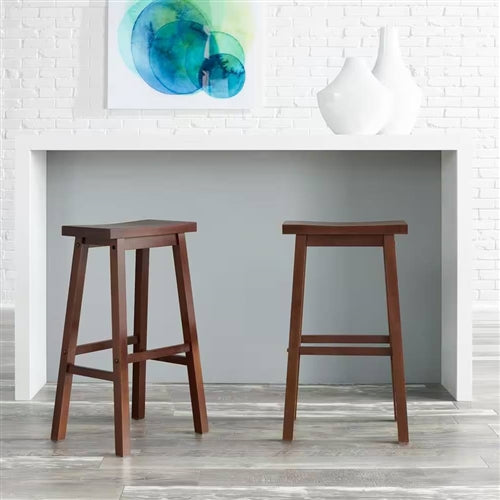 Set of 2 Farmhouse Bar Height Saddle Seat Barstools in Brown Walnut Wood Finish